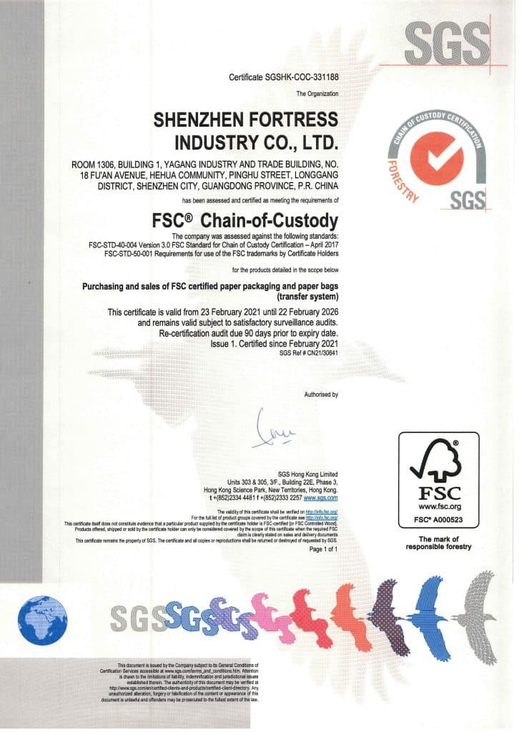 szfortress-com-Fortress-Industry-FSC Chain-of-Custody Certified Paper Packaging and Paper Bags
