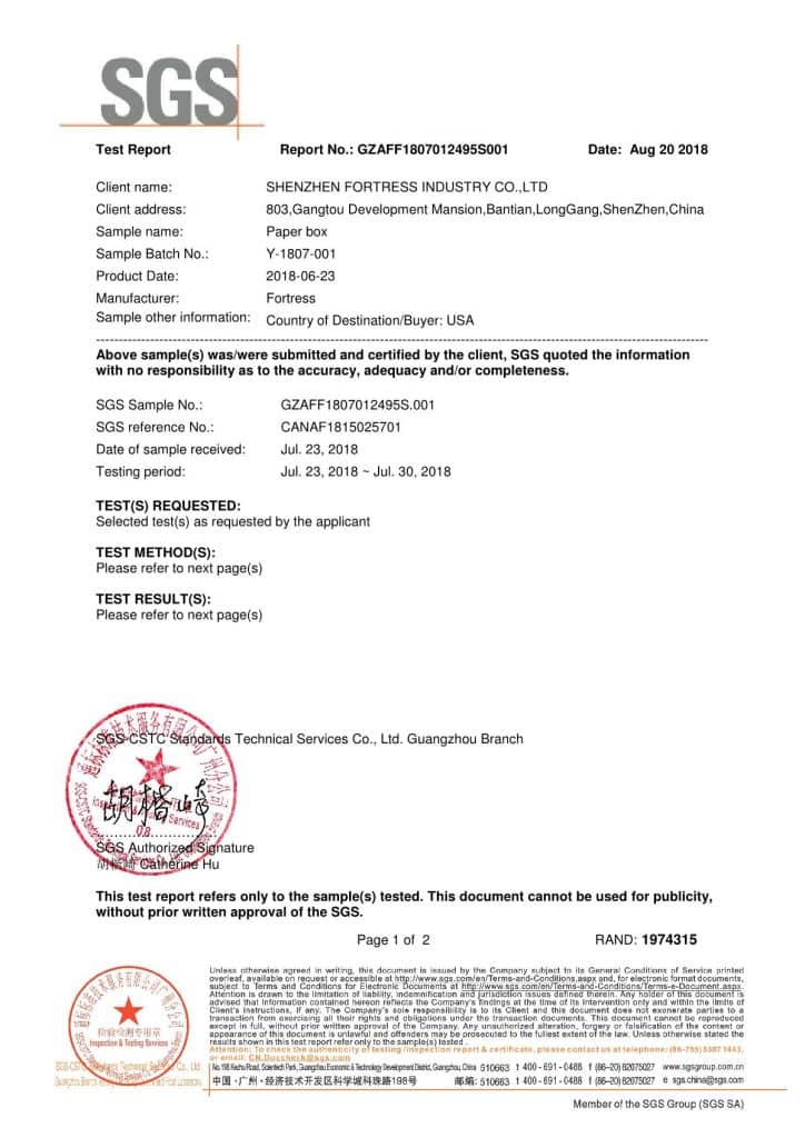 szfortress-com-Paper Box testing certificate USA